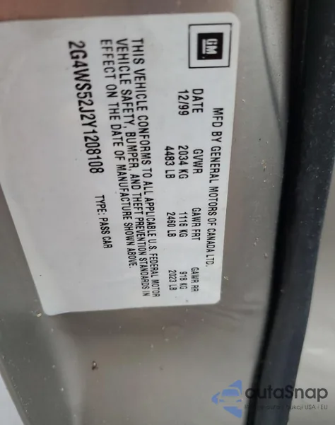 2000 Buick Century Custom from USA, damaged, VIN 2G4WS52J2Y1208108